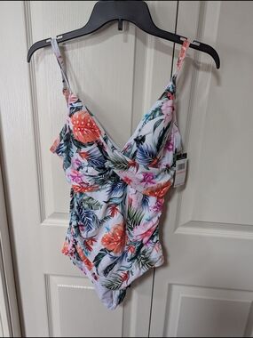 Jantzen Floral One-Piece Swimsuit — White with Pink, Orange & Green Print